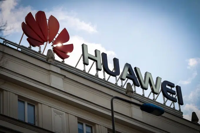 The Huawei logo is seen in the center of Warsaw, Poland