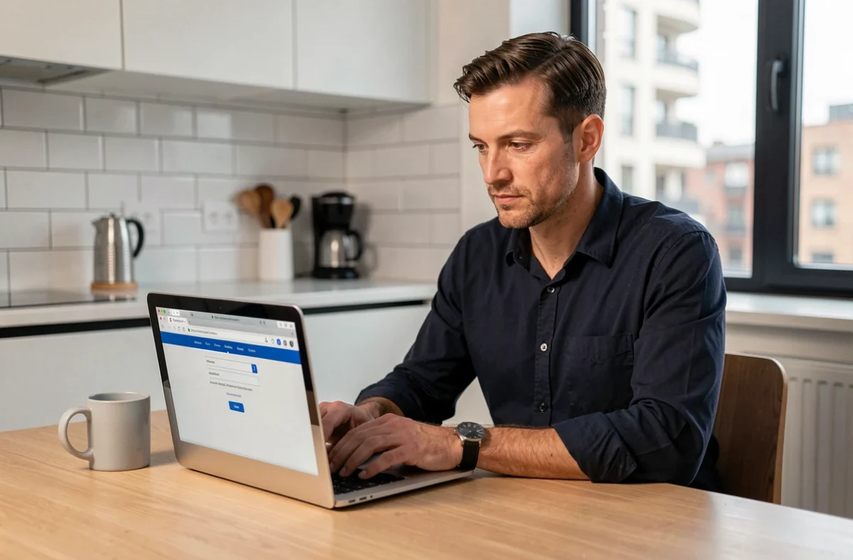Homme accédant à son webmail ac-grenoble depuis son ordinateur personnel dans une cuisine moderne