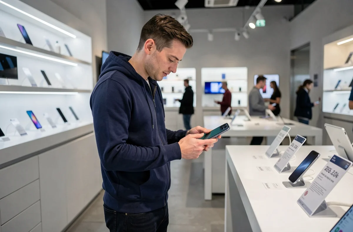 Homme examinant un iPhone en magasin et consultant le prix pour trouver le meilleur achat malin en 2026