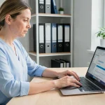 Enseignante activant son adresse mail académique ac-versailles.fr sur un ordinateur portable dans un bureau administratif
