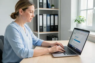 Enseignante activant son adresse mail académique ac-versailles.fr sur un ordinateur portable dans un bureau administratif
