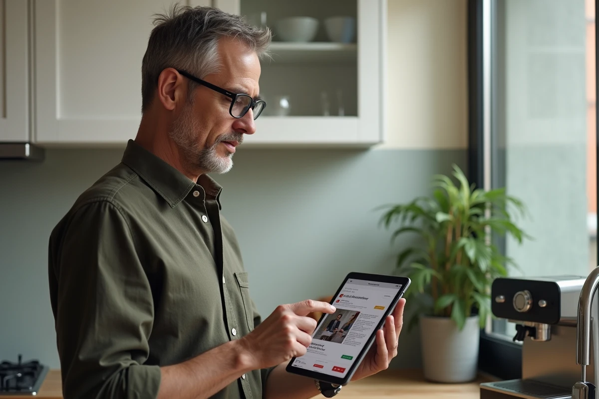 Homme consultant les actualités high-tech sur tablette pendant sa routine matinale en cuisine