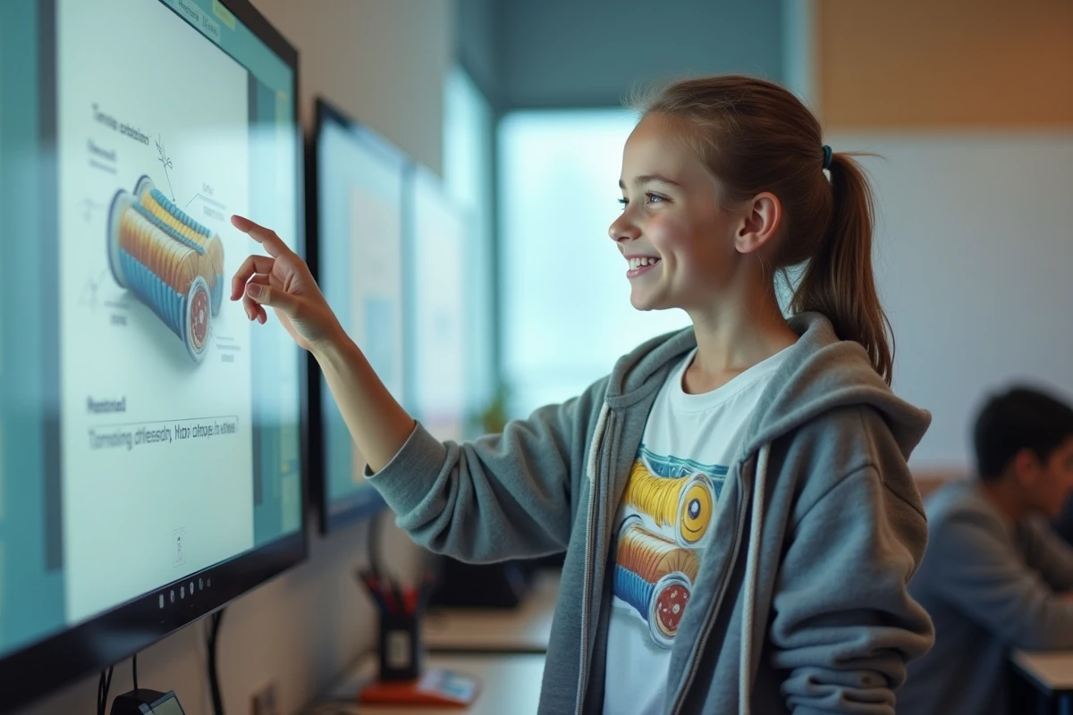 Adolescente souriante en classe utilisant tableau interactif