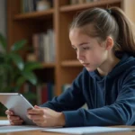 Adolescente utilisant une application de suivi scolaire sur une tablette à son bureau à domicile