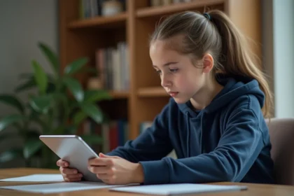 Adolescente utilisant une application de suivi scolaire sur une tablette à son bureau à domicile