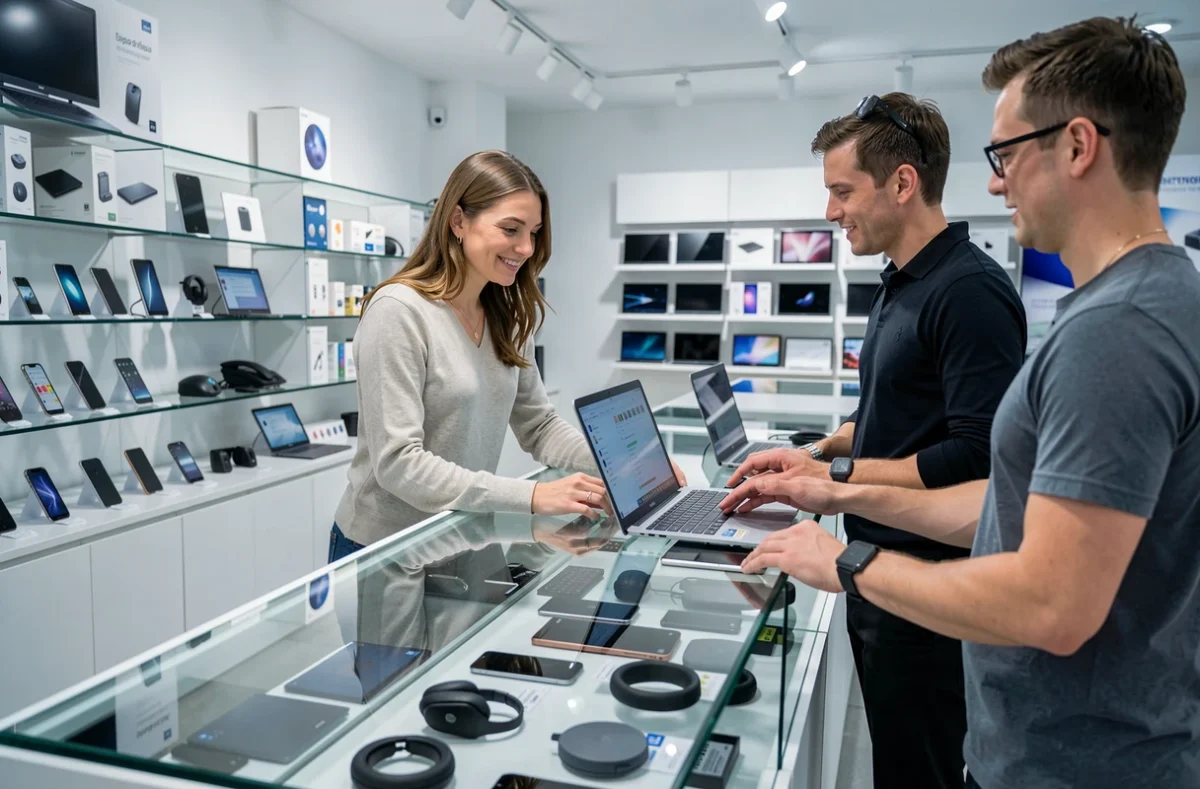 Conseillère du magasin AFB Shop aidant un client à choisir un ordinateur portable dans la boutique