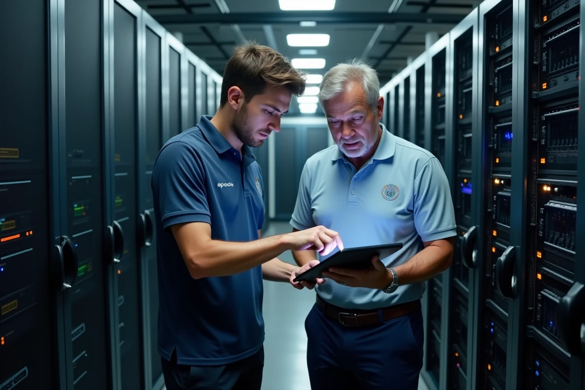 Alternant TSRS accompagné par un technicien senior dans une salle de serveurs professionnelle