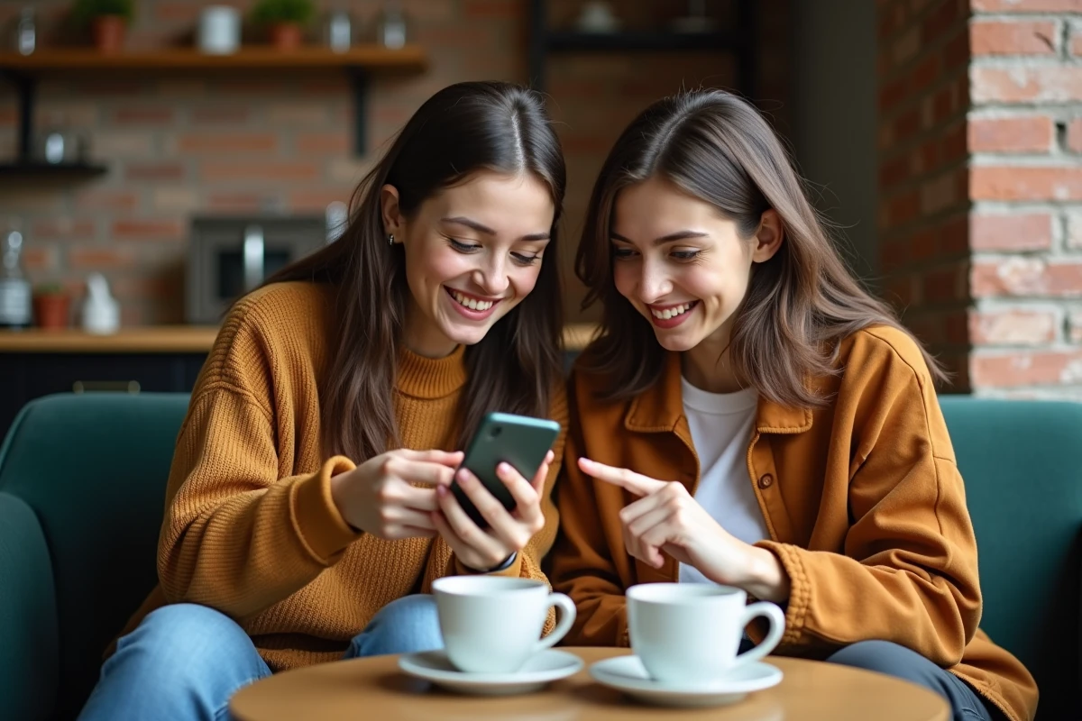 Deux amis dans un café découvrant comment utiliser les raccourcis italique sur WhatsApp