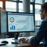 Personne analysant des données SEO sur un grand écran lumineux