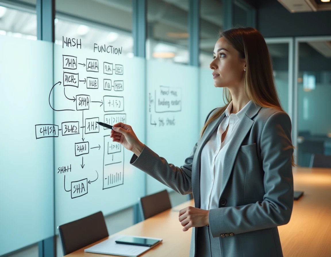 Analyste en cybersécurité expliquant les différences entre SHA-256 et SHA-3 sur un tableau blanc en salle de réunion