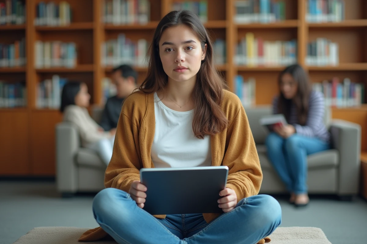 Étudiante utilisant une application de correction orthographique sur tablette dans une bibliothèque universitaire