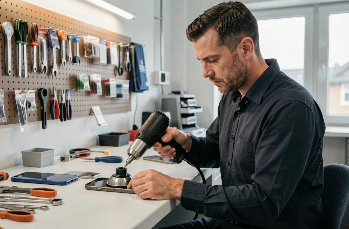Technicien de l'Atelier du Smartphone ouvrant un boîtier de téléphone à Blotzheim