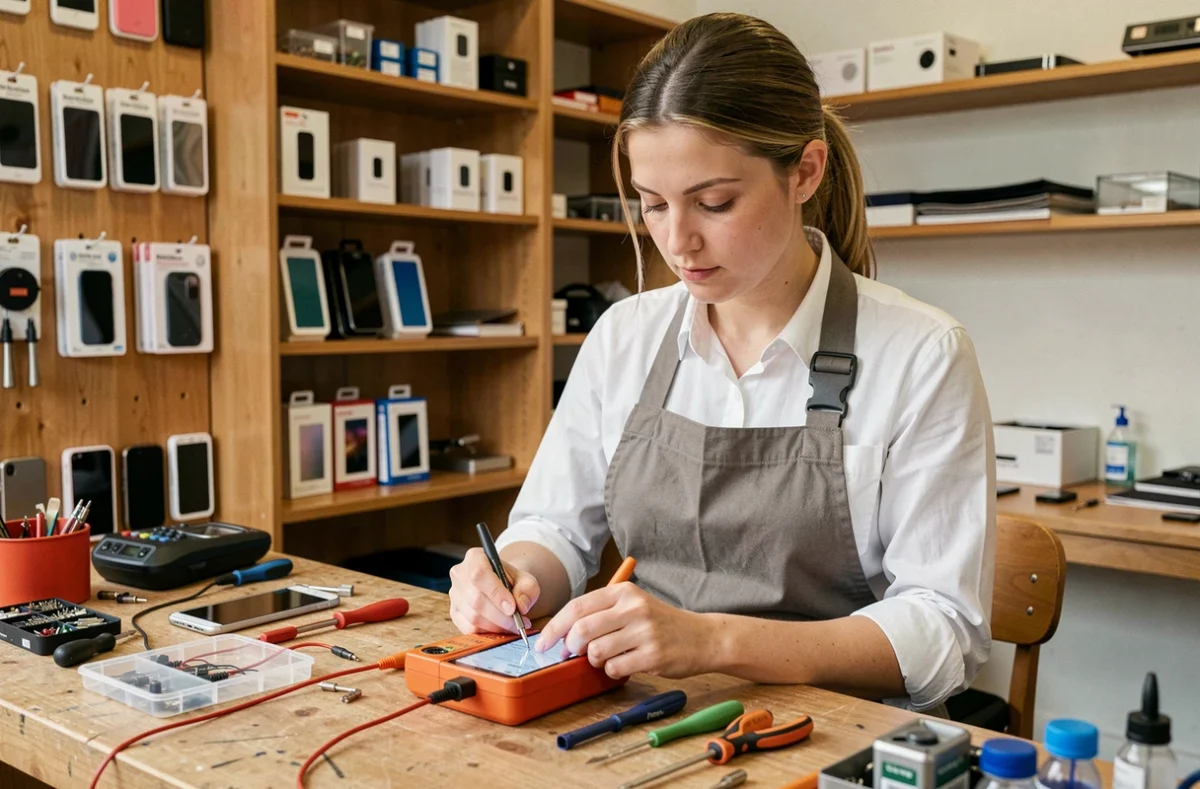 Technicienne Athales diagnostiquant un smartphone dans son atelier à Colmar