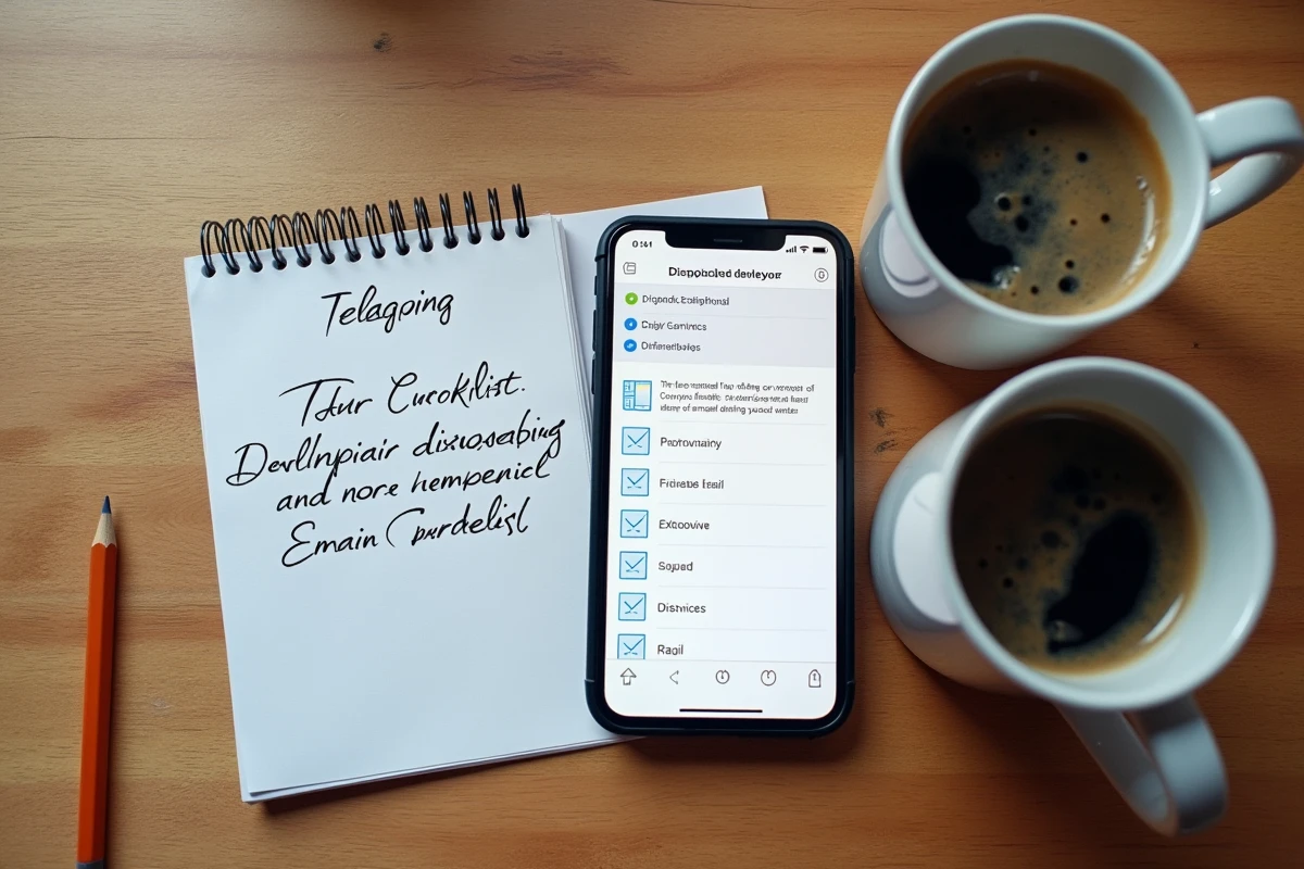 Vue de dessus d'un bureau de développeur avec smartphone affichant une boîte mail jetable, carnet de notes API et checklist de tests email