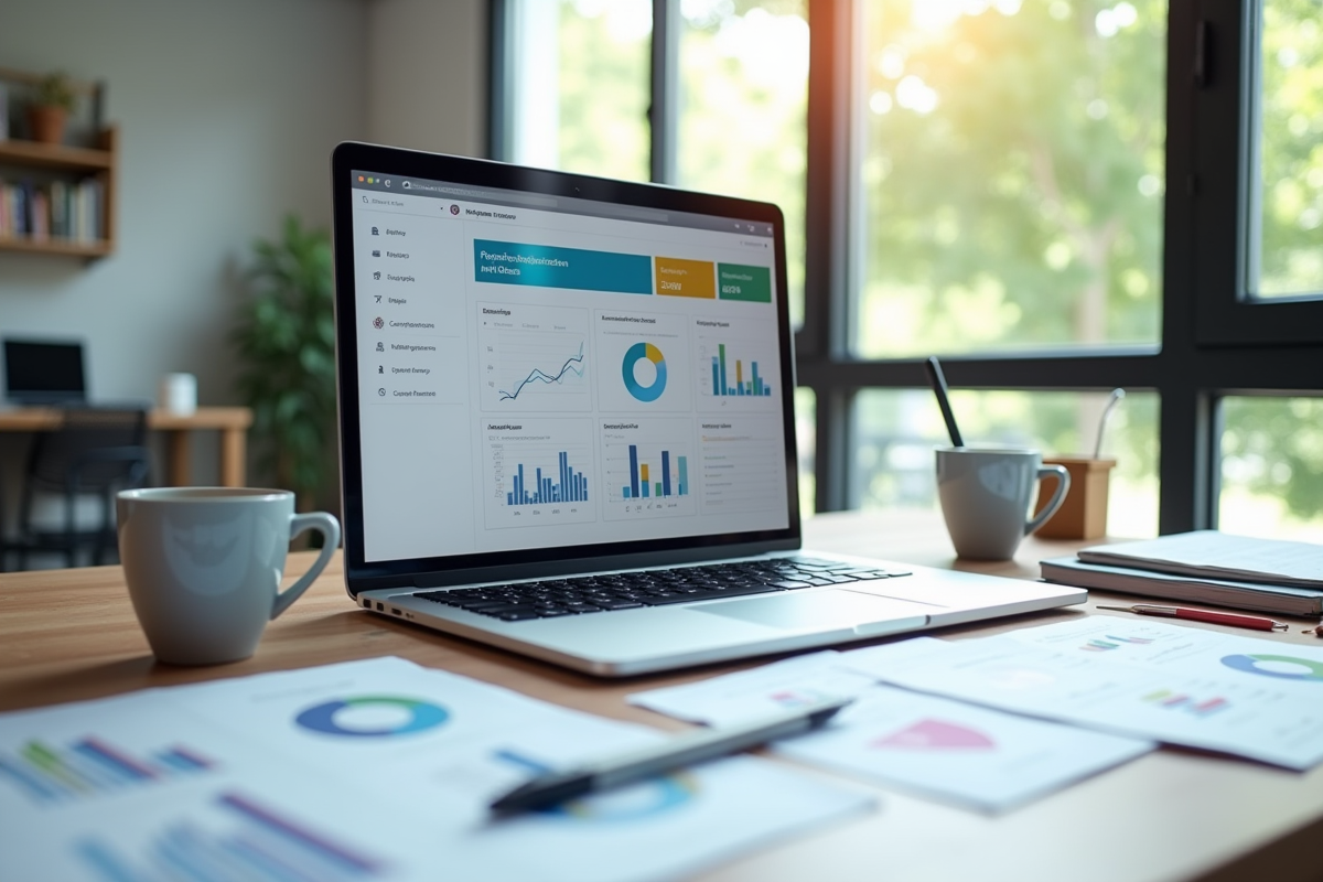 Bureau organisé avec ordinateur et graphiques CRM lumineux