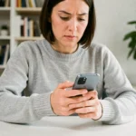 Femme effectuant une capture d'écran sur un smartphone Samsung Galaxy en appuyant sur les boutons latéraux, assise à un bureau blanc à domicile