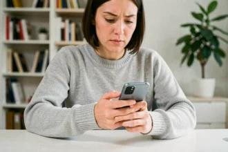 Femme effectuant une capture d'écran sur un smartphone Samsung Galaxy en appuyant sur les boutons latéraux, assise à un bureau blanc à domicile