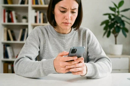 Femme effectuant une capture d'écran sur un smartphone Samsung Galaxy en appuyant sur les boutons latéraux, assise à un bureau blanc à domicile