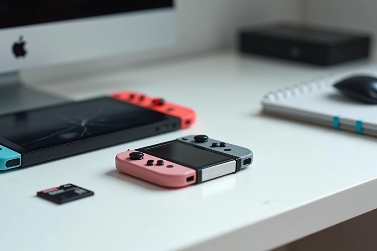 Cartouches de jeux Nintendo Switch et carte microSD posées près d'une console avec écran noir pour illustrer la récupération de données