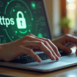 Main tapant sur un ordinateur avec cadenas HTTPS