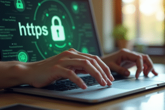 Main tapant sur un ordinateur avec cadenas HTTPS