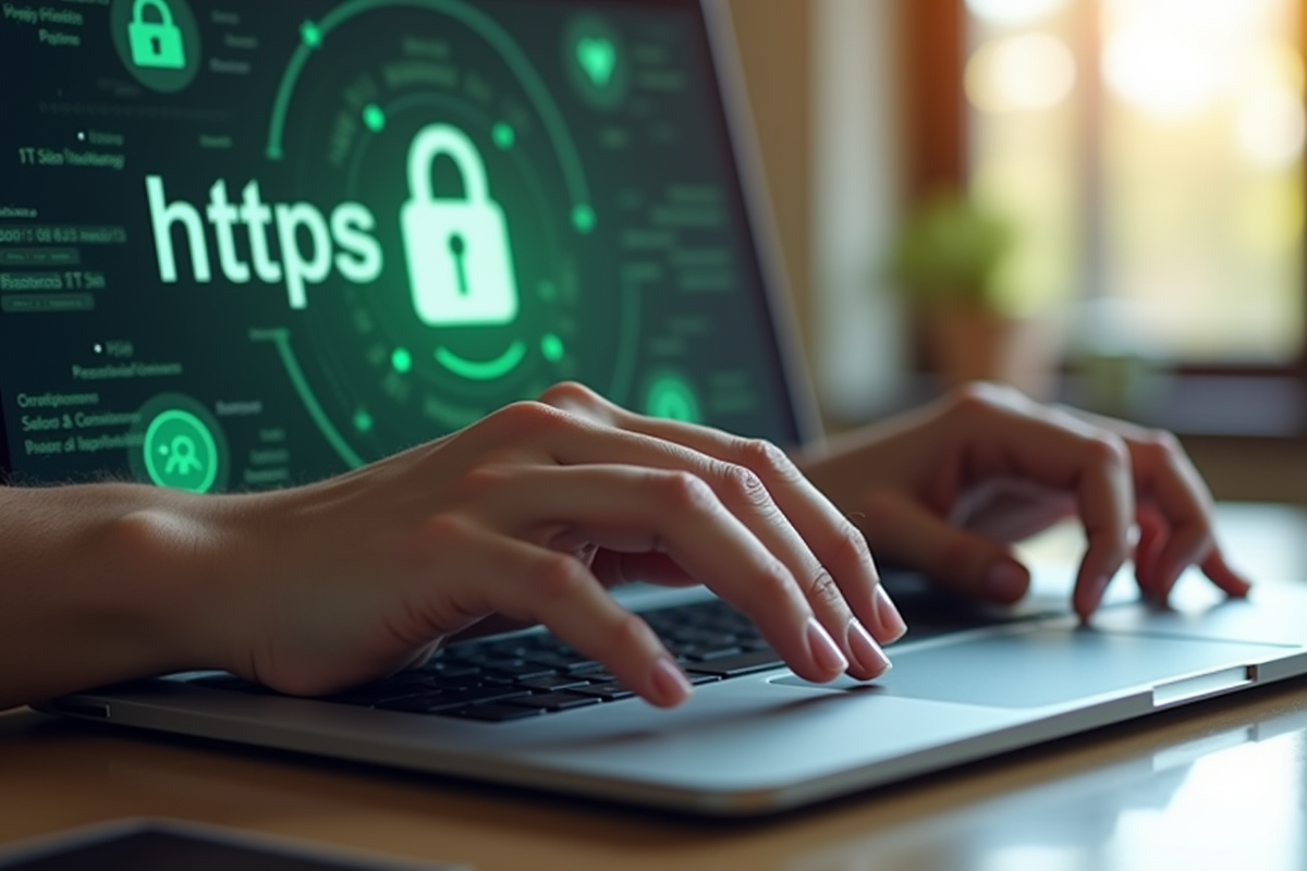 Main tapant sur un ordinateur avec cadenas HTTPS