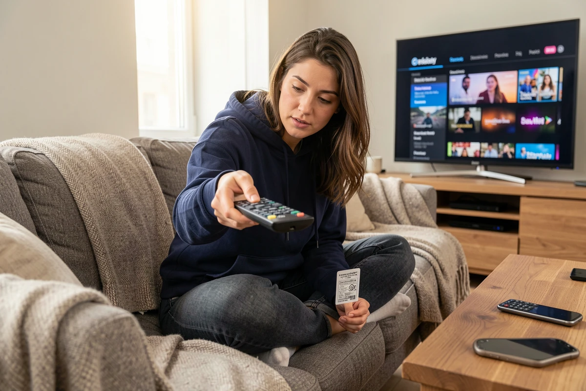 Femme consultant le code d'activation de sa télécommande TV pour se connecter sur epicgames.com