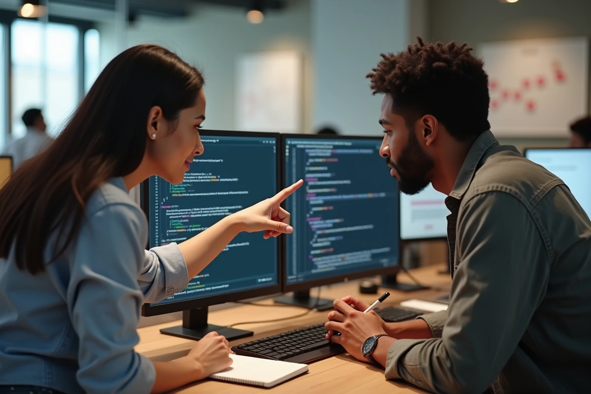 Deux développeurs collaborant sur l'utilisation de formulaires HTML dans un espace de coworking moderne