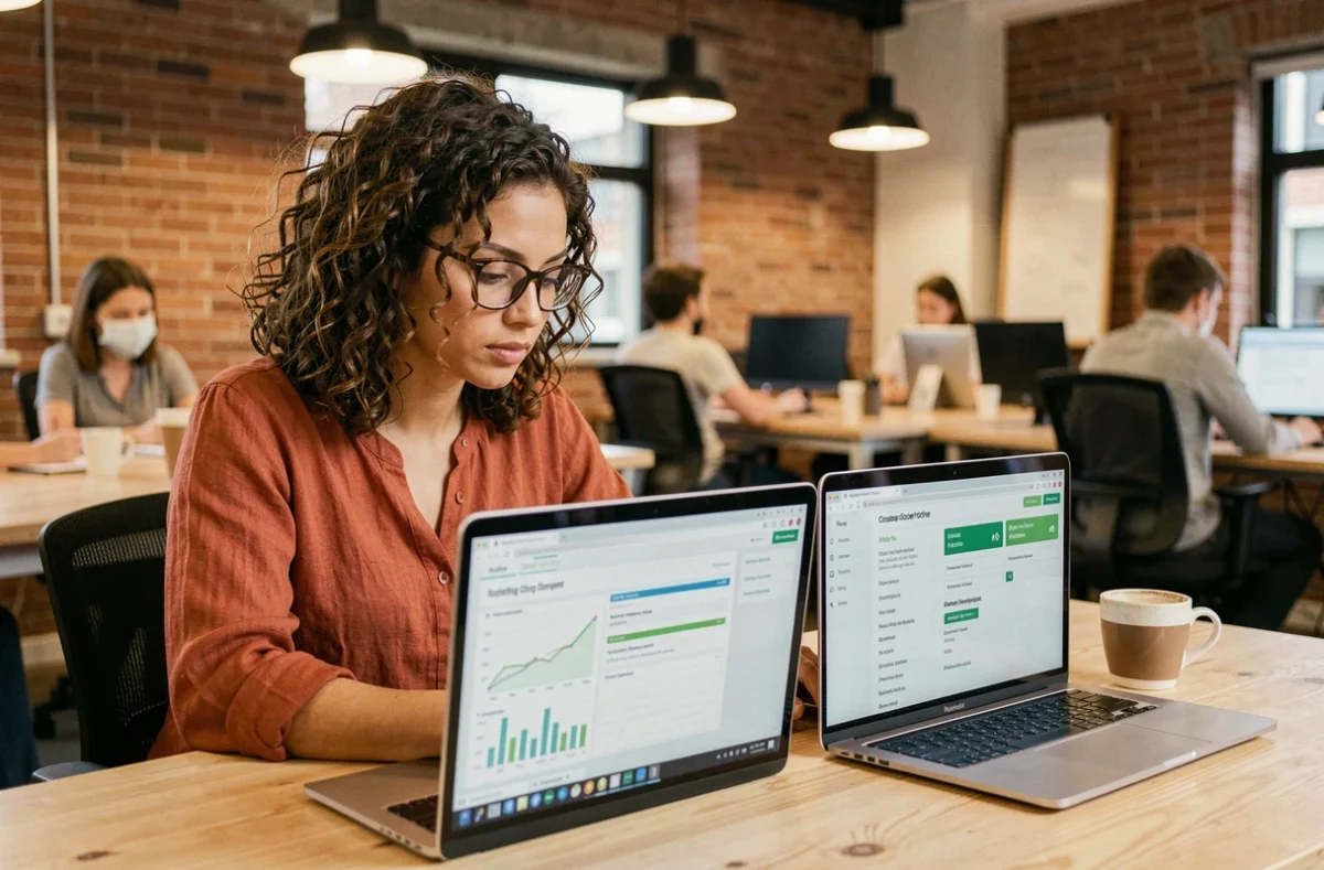 Femme compareant des offres d hébergement WordPress sur deux ordinateurs portables dans un espace de coworking