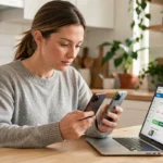 Femme comparant deux modèles d'iPhone sur une table en bois pour choisir le meilleur rapport qualité prix en 2026