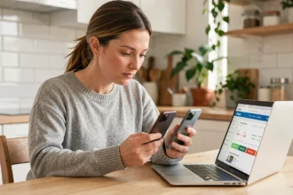 Femme comparant deux modèles d'iPhone sur une table en bois pour choisir le meilleur rapport qualité prix en 2026