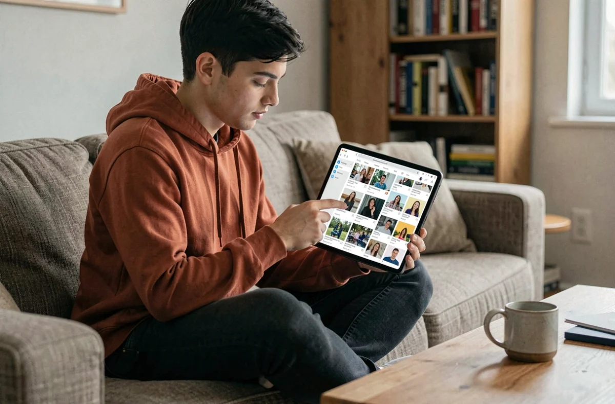 Jeune personne comparant des résultats de recherche de photos sur une tablette pour retrouver les comptes sociaux d'un individu