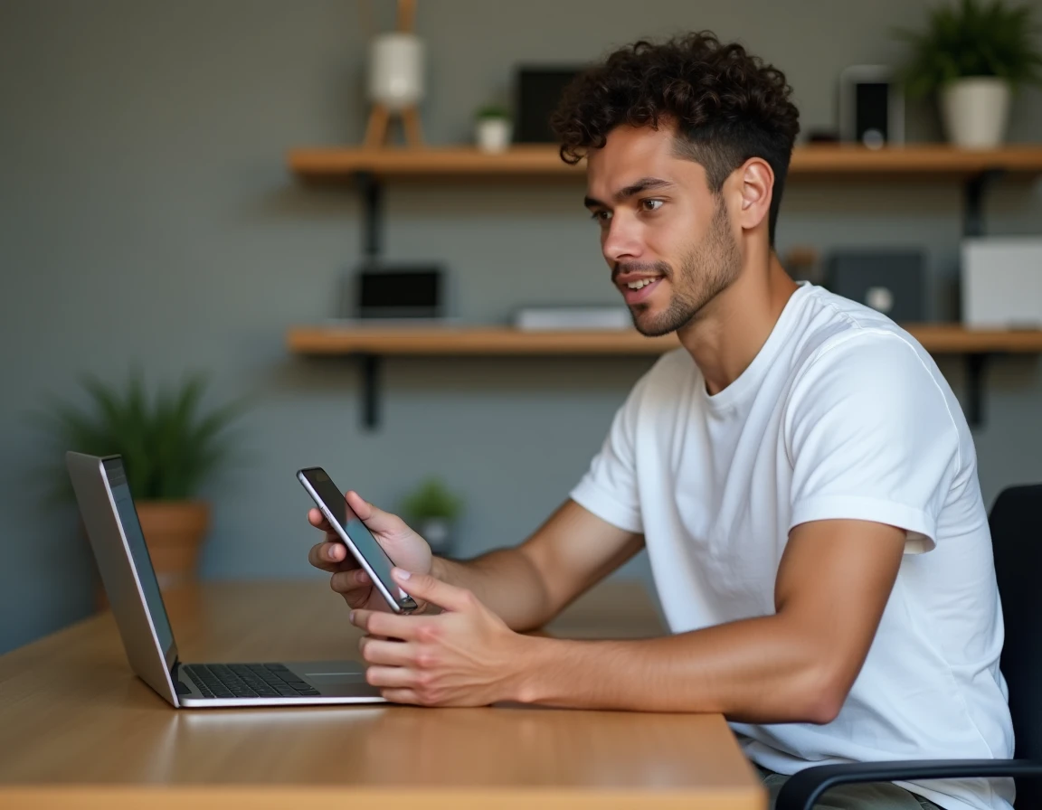 Homme comparant deux modèles d'iPhone sur un bureau minimaliste pour choisir le meilleur en 2026