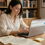 Femme utilisant un compteur de caractères en ligne sur un ordinateur portable dans un bureau à domicile