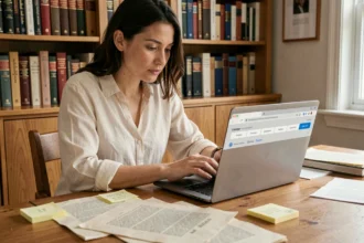 Femme utilisant un compteur de caractères en ligne sur un ordinateur portable dans un bureau à domicile