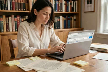 Femme utilisant un compteur de caractères en ligne sur un ordinateur portable dans un bureau à domicile