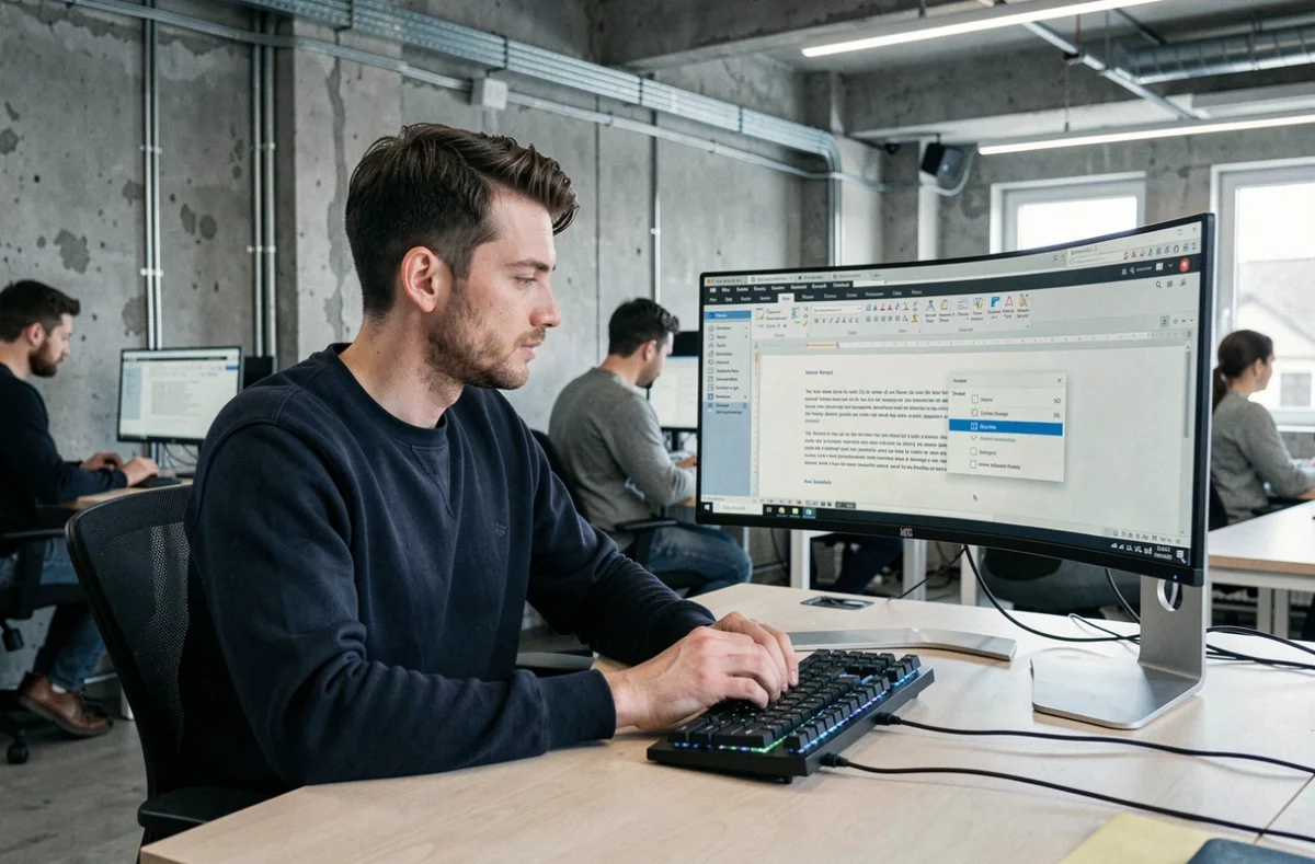 Designer utilisant un compteur de caractères intégré au logiciel sur un poste de travail double écran en agence