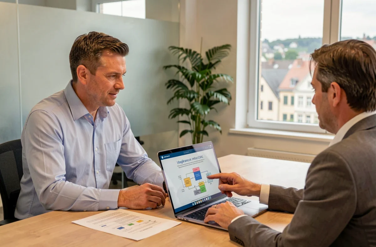 Consultant de Compuserv Informatique présentant une offre d'infogérance à un client dans un bureau à Colmar