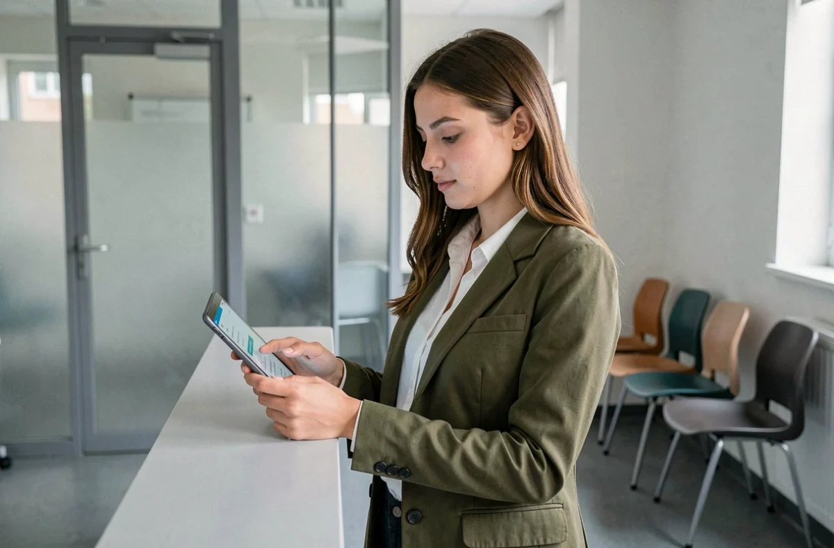 Jeune personnelle administrative configurant son compte mail ac-versailles.fr sur une tablette à l'accueil d'un établissement scolaire