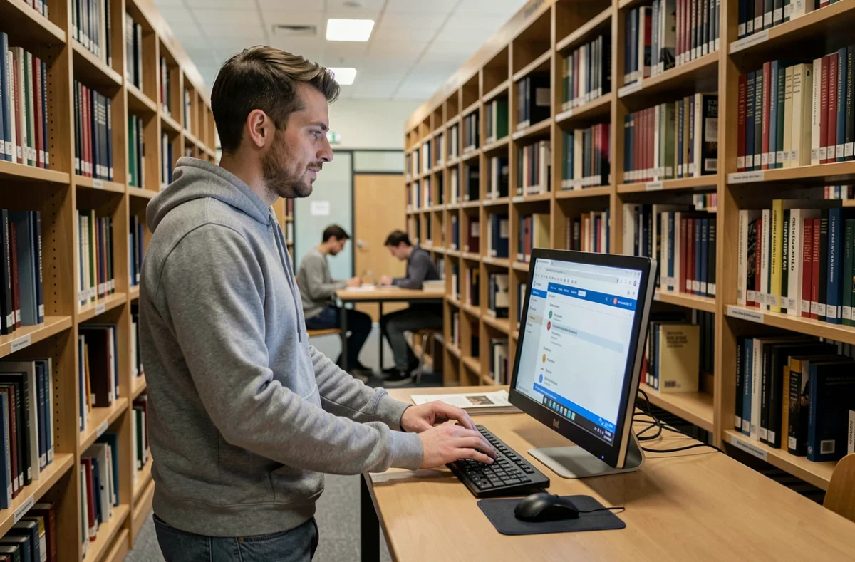 Enseignant ou personnel académique configurant sa messagerie institutionnelle webmail Toulouse dans une bibliothèque universitaire moderne
