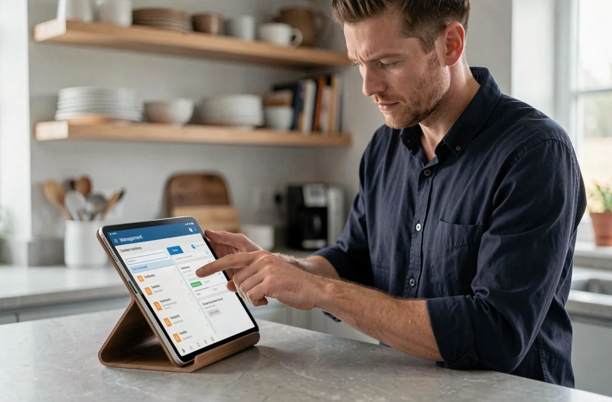 Homme configurant son application de gestion documentaire MyPrimobox sur une tablette dans une cuisine moderne