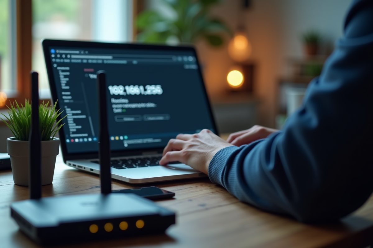 Personne configurant un routeur wifi avec un ordinateur portable