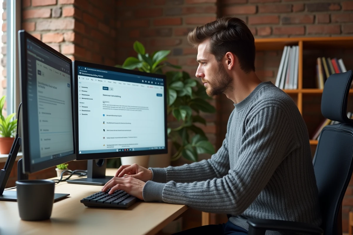 Homme en télétravail configurant la double authentification de son webmail sur un bureau informatique à domicile