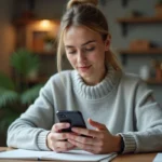 Femme configurant le webmail Dsden19 sur un smartphone Android depuis son bureau à domicile