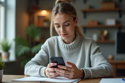 Femme configurant le webmail Dsden19 sur un smartphone Android depuis son bureau à domicile