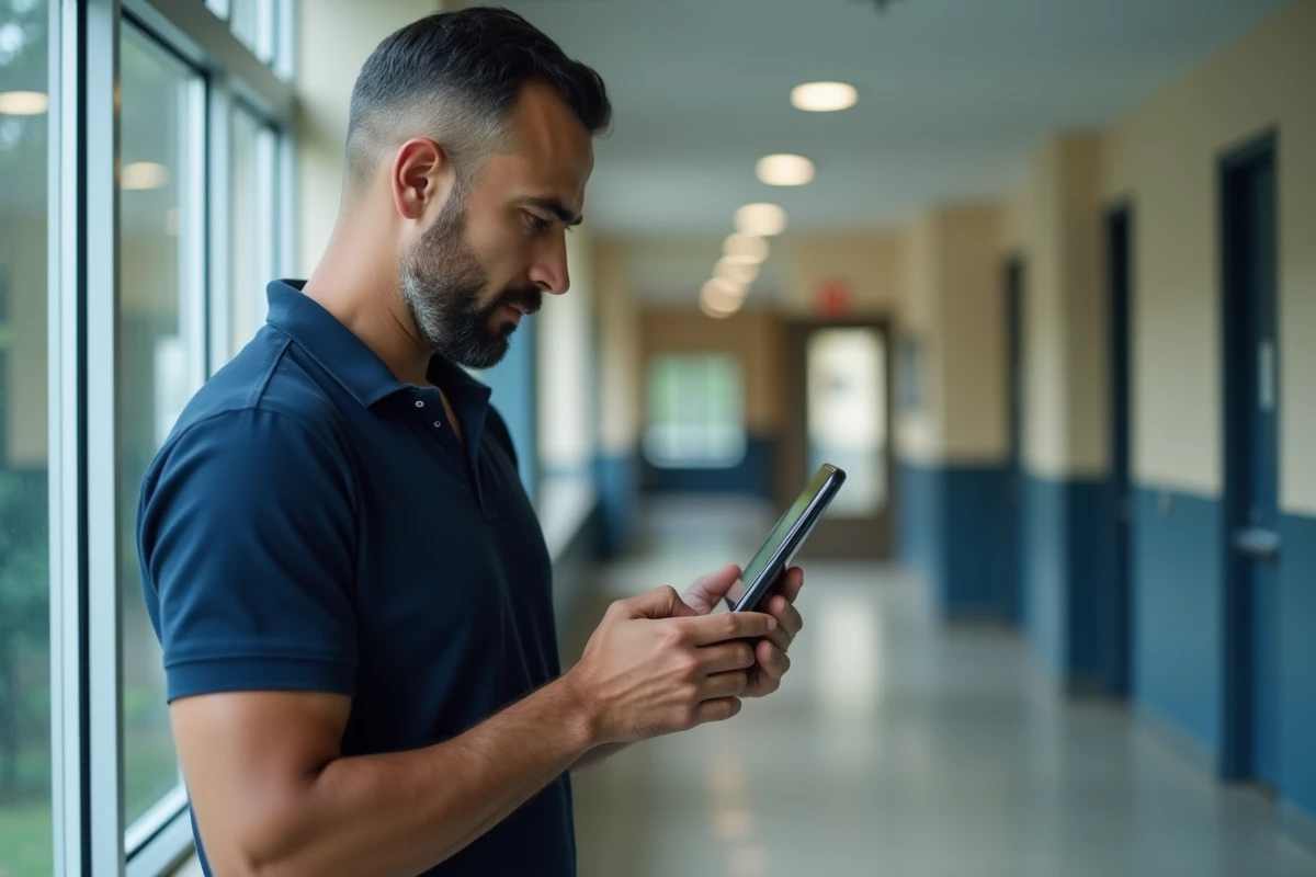 Enseignant configurant le webmail Dsden19 sur iPhone dans un couloir d'établissement scolaire