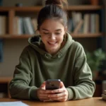 Jeune femme consultant son iPhone pour configurer une sonnerie personnalisée sans application payante