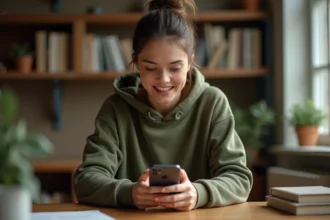 Jeune femme consultant son iPhone pour configurer une sonnerie personnalisée sans application payante