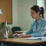 Enseignante remplaçante connectée à sa boîte mail académique de Nantes sur un ordinateur portable dans une salle des professeurs