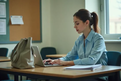 Enseignante remplaçante connectée à sa boîte mail académique de Nantes sur un ordinateur portable dans une salle des professeurs